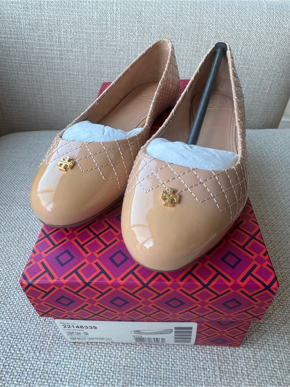 Tory Burch Beige Patent Quilted Logo Ballet Flats